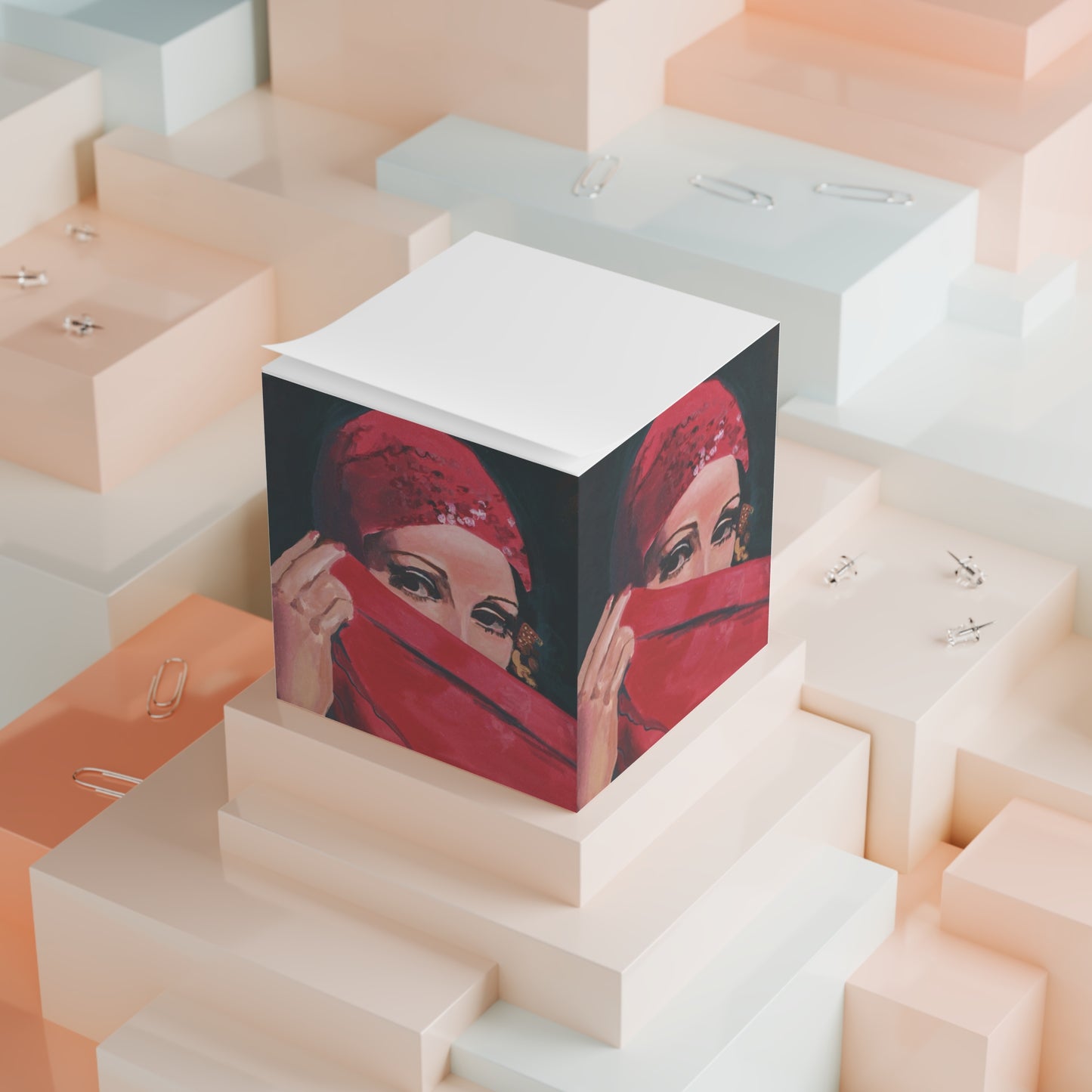 The Lady with the Red Veil — Sticky Note Cube