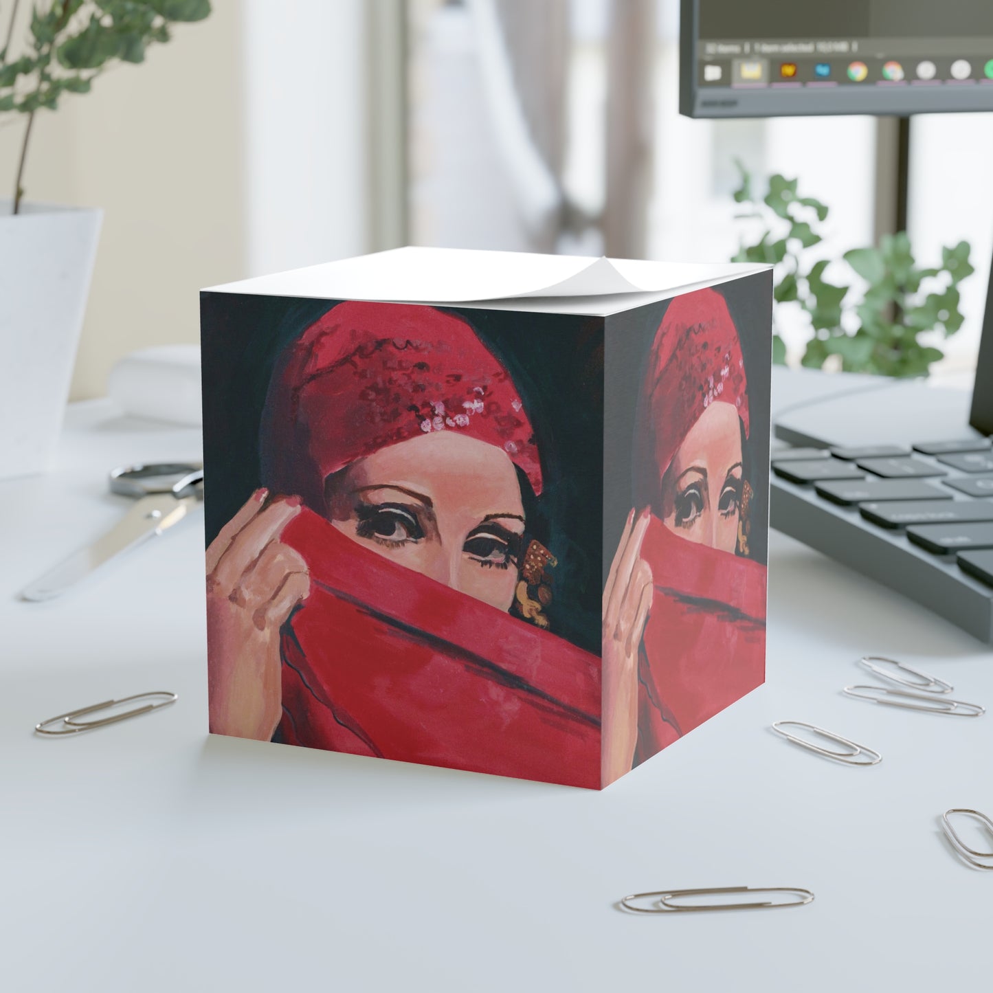 The Lady with the Red Veil — Sticky Note Cube