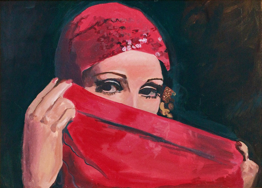 Painting of a woman with a red headscarf and scarf over her face.